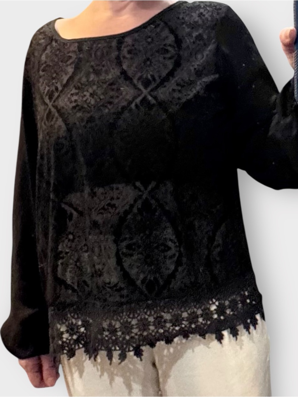 Xhilaration Sheer Black Lace Flocked Long Sleeve Blouse - Women’s Large